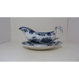 Royal Doulton Madras Flow Blue Gravy Boat and Underplate Antique Chinoiserie